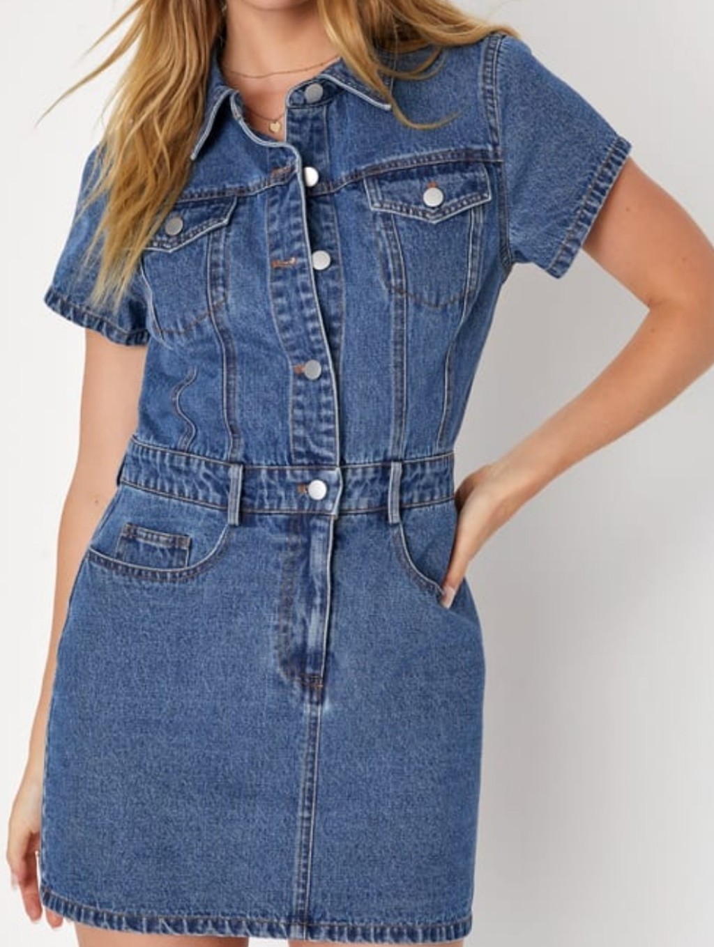 Denim Button-Front Short Sleeve Mini Dress, Medium, Blue-Forever 21, Zip Pockets